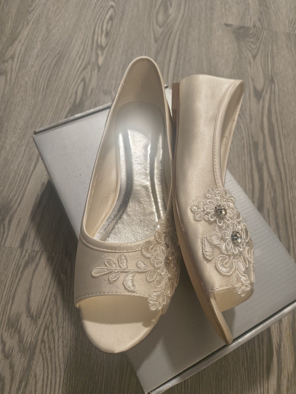 Ivory Satin Embellished Peep-Toe Flats